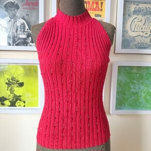 Y2K Red Ribbed High Neck Top – Beaded Knit Statement Tank